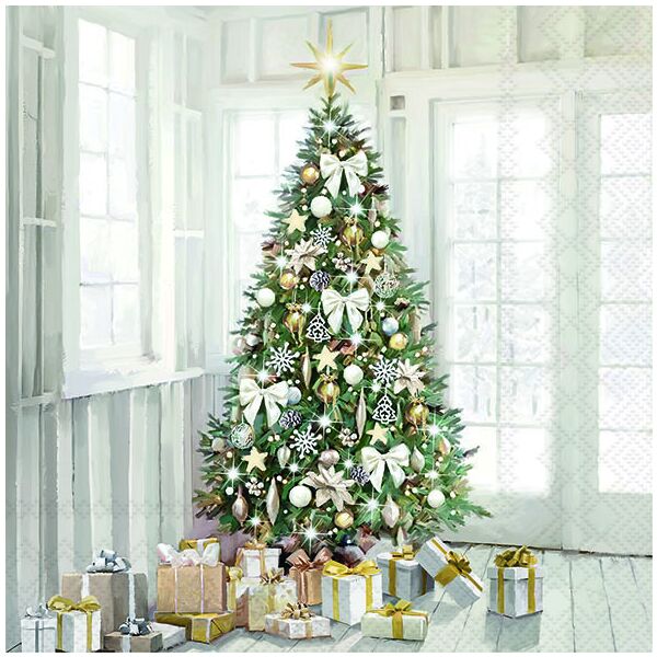Weihnachten Servietten 33x33 cm 3-lagig 20 Stück Modern Christmas tree FSC Mix  Weihnachtsbaum Geschenke edel silber