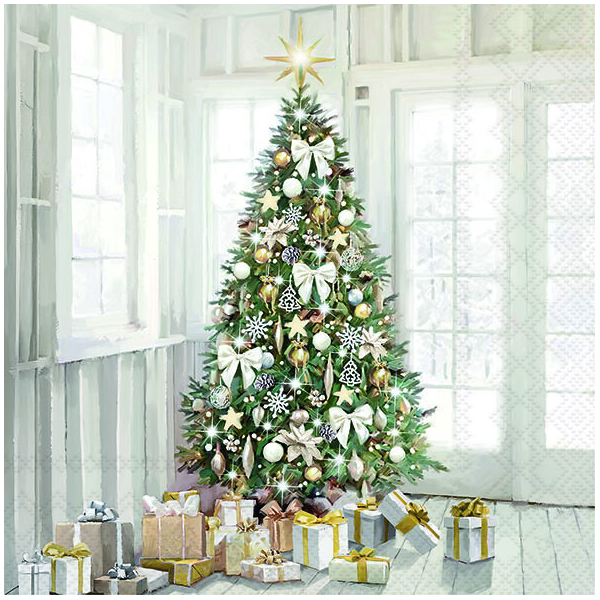 Weihnachten Servietten 33x33 cm 3-lagig 20 Stück Modern Christmas tree FSC Mix  Weihnachtsbaum Geschenke edel silber