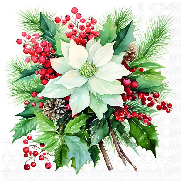 Weihnachten Servietten 33x33 cm 3-lagig 20 Stück Poinsettia bouquet white FSC Mix  Weihnachtsstern weiß