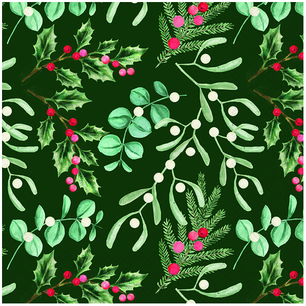 Weihnachten Servietten 33x33 cm 3-lagig 20 Stück Foliage scatter green FSC Mix  Streublattwerk Ilex Nadelzweig grün