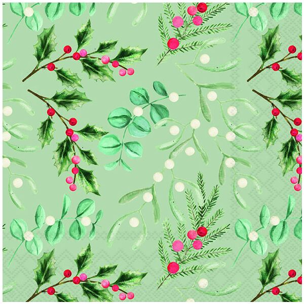 Weihnachten Servietten 33x33 cm 3-lagig 20 Stück Foliage scatter sage FSC Mix  Streublattwerk Ilex Nadelzweig grau