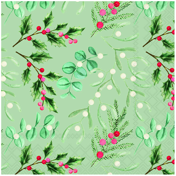 Weihnachten Servietten 33x33 cm 3-lagig 20 Stück Foliage scatter sage FSC Mix  Streublattwerk Ilex Nadelzweig grau