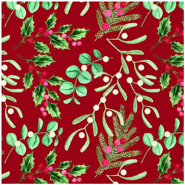 Weihnachten Servietten 33x33 cm 3-lagig 20 Stück Foliage scatter red FSC Mix  Streublattwerk Ilex Nadelzweig rot