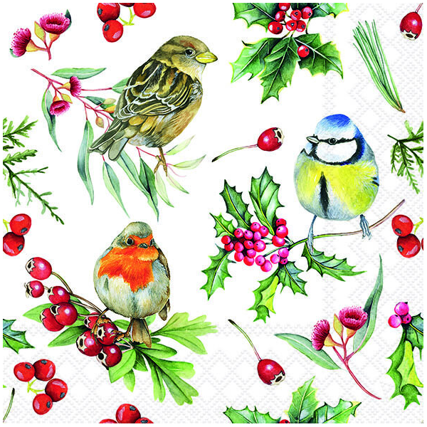 Weihnachten Servietten 33x33 cm 3-lagig 20 Stück Birds in winter FSC Mix  Vögel auf Mistelzweigen