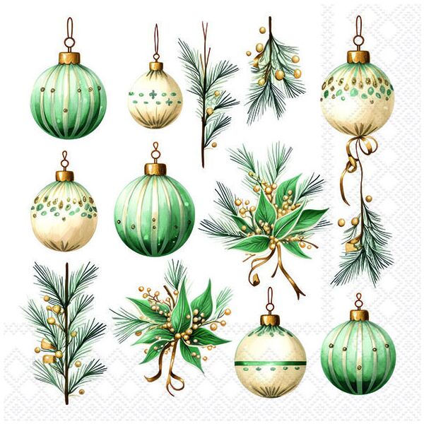 Weihnachten Servietten 33x33 cm 3-lagig 20 Stück Hanging decorations green FSC Mix  Dekoration Kugeln Zweige weiß