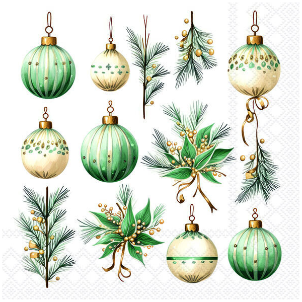 Weihnachten Servietten 33x33 cm 3-lagig 20 Stück Hanging decorations green FSC Mix  Dekoration Kugeln Zweige weiß