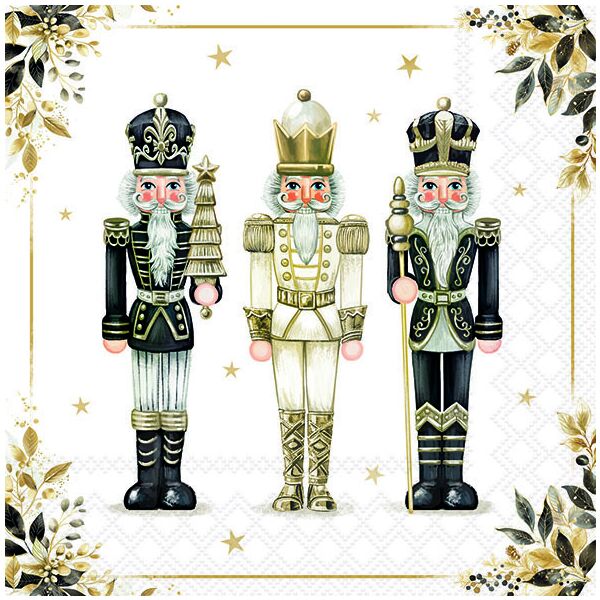 Weihnachten Servietten 33x33 cm 3-lagig 20 Stück Royal nutcrackers FSC Mix  Nussknacker schwarz-weiß-gold