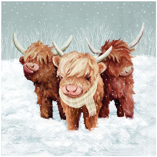 Weihnachten Servietten 33x33 cm 3-lagig 20 Stück John, Paul & George FSC Mix  Rinder Kühe Büffel im Schnee