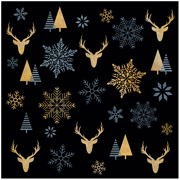 Weihnachten Servietten 33x33 cm 3-lagig 20 Stück Winter silhouettes black FSC Mix  Symbole Hirsch Baum Schnee Kristall auf schwarz