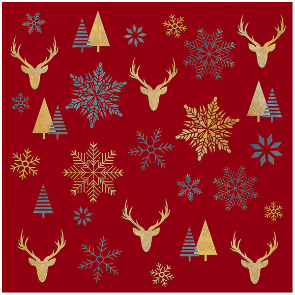Weihnachten Servietten 33x33 cm 3-lagig 20 Stück Winter silhouettes red FSC Mix  Symbole Hirsch Baum Schnee Kristall auf rot