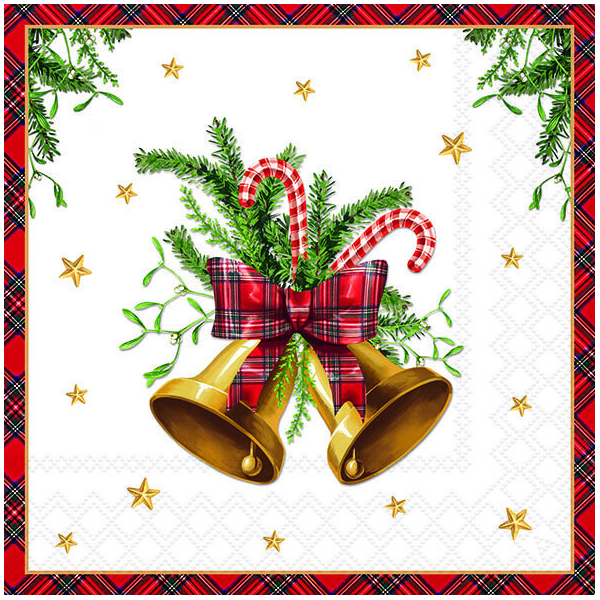 Weihnachten Servietten 33x33 cm 3-lagig 20 Stück Scottish bells white FSC Mix  Weihnachtsglocken klassisch weiß