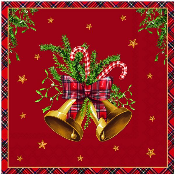 Weihnachten Servietten 33x33 cm 3-lagig 20 Stück Scottish bells red FSC Mix  Weihnachtsglocken klassisch rot
