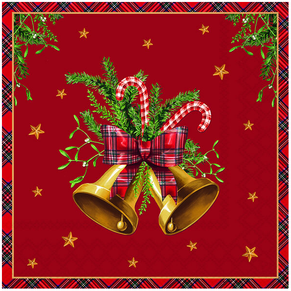 Weihnachten Servietten 33x33 cm 3-lagig 20 Stück Scottish bells red FSC Mix  Weihnachtsglocken klassisch rot