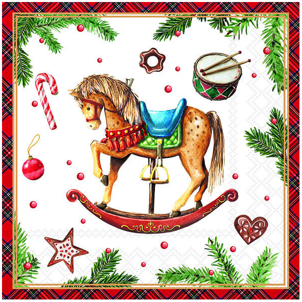 Weihnachten Servietten 33x33 cm 3-lagig 20 Stück Classic rocking horse white FSC Mix  Schaukelpferd Weihnachtssymbole