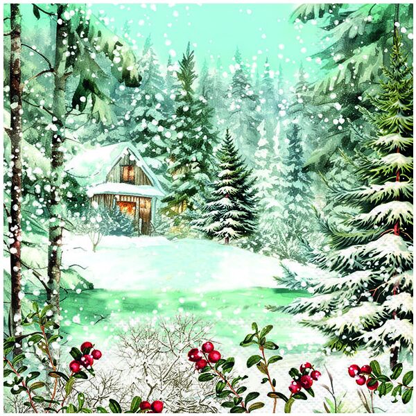 Weihnachten Servietten 33x33 cm 3-lagig 20 Stück Cabin in the woods FSC Mix  Berghütte im Wald bei Schnee