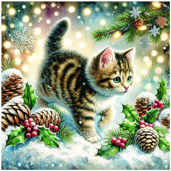 Weihnachten Servietten 33x33 cm 3-lagig 20 Stück Cute cat in the snow FSC Mix  Katze Schnee Tannenzapfen Ilex