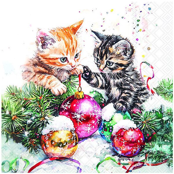Weihnachten Servietten 33x33 cm 3-lagig 20 Stück Adorable kittens FSC Mix  Katzen Kitten mit Kugeln
