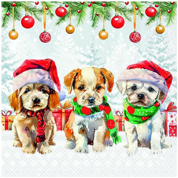 Weihnachten Servietten 33x33 cm 3-lagig 20 Stück Funny cute puppies FSC Mix  Hundewelpen Schnee Kugeln Geschenke