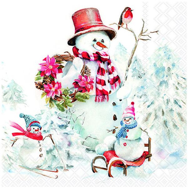 Weihnachten Servietten 33x33 cm 3-lagig 20 Stück Sporty snowmen FSC Mix  Schneeman Skifahren Rodeln