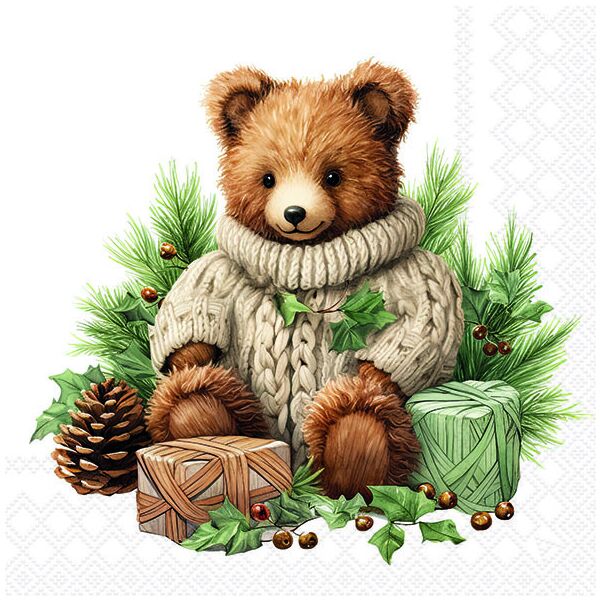 Weihnachten Servietten 33x33 cm 3-lagig 20 Stück Cuddle bear FSC Mix  Bär Geschenke Tannenzapfen