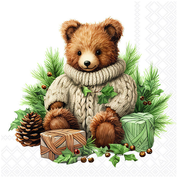 Weihnachten Servietten 33x33 cm 3-lagig 20 Stück Cuddle bear FSC Mix  Bär Geschenke Tannenzapfen