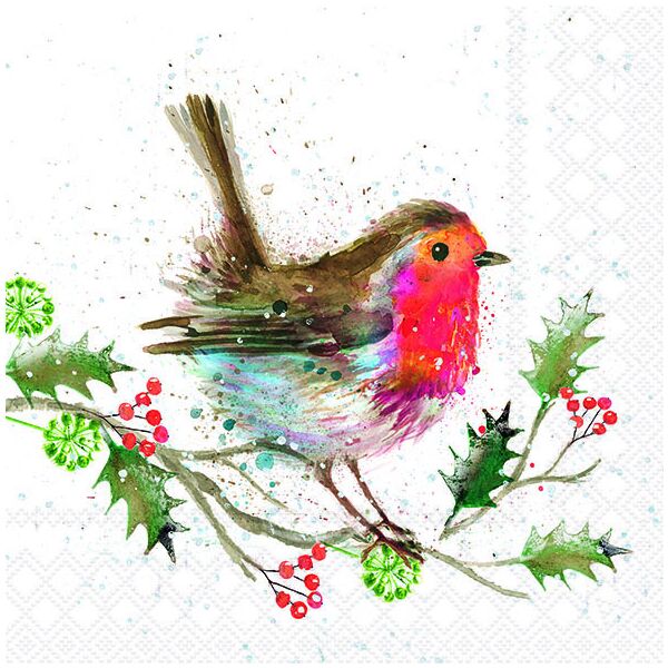 Weihnachten Servietten 33x33 cm 3-lagig 20 Stück Winter robin FSC Mix  Rotkehlchen Ilexzweig