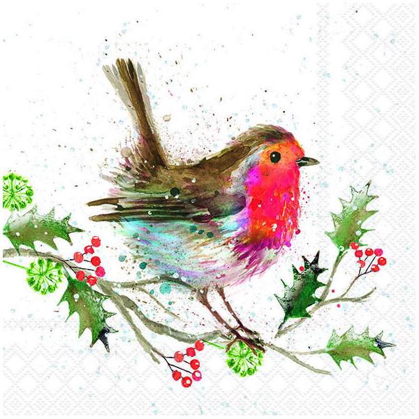 Weihnachten Servietten 33x33 cm 3-lagig 20 Stück Winter robin FSC Mix  Rotkehlchen Ilexzweig