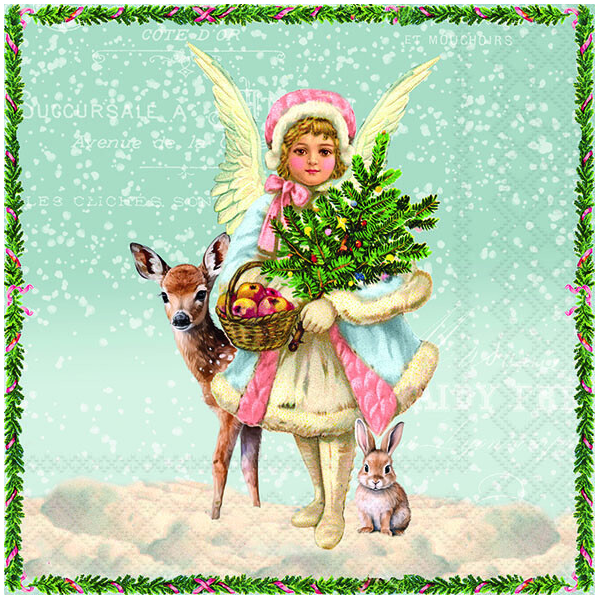 Weihnachten Servietten 33x33 cm 3-lagig 20 Stück Snowy day blue FSC Mix  Engel Putte Reh blau