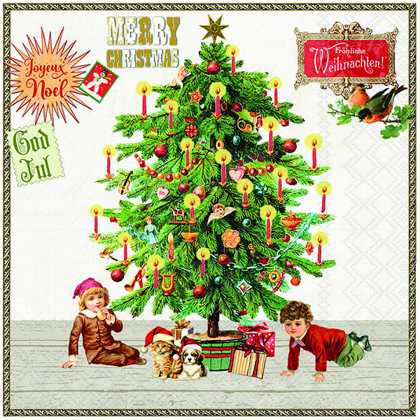 Weihnachten Servietten 33x33 cm 3-lagig 20 Stück Under the X-Mas tree white FSC Mix  Mehrsprachig klassich Baum God Jul Joyeux Noel Merry Christmas weiß
