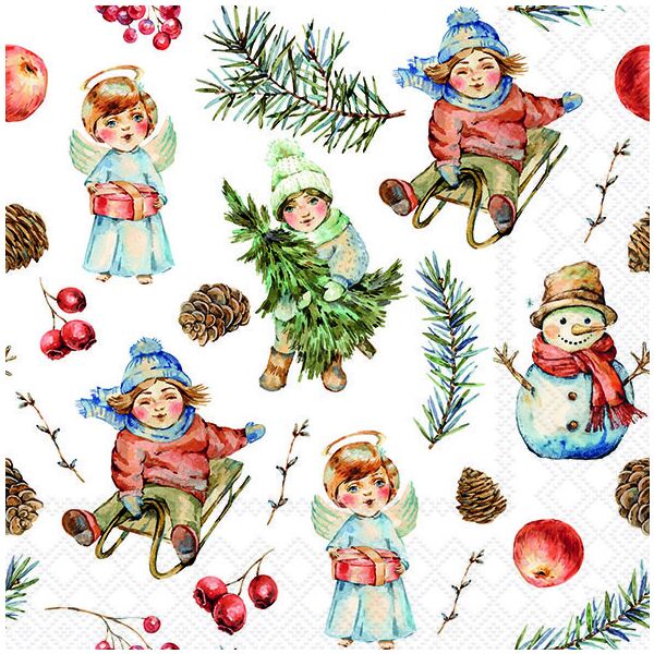 Weihnachten Servietten 33x33 cm 3-lagig 20 Stück Playing outside white FSC Mix  Engel Schlitten Kinder Weihnachtsbaum weiß
