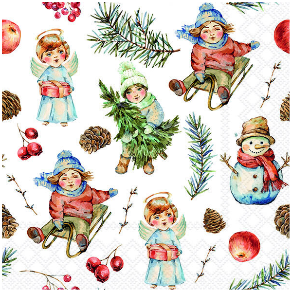 Weihnachten Servietten 33x33 cm 3-lagig 20 Stück Playing outside white FSC Mix  Engel Schlitten Kinder Weihnachtsbaum weiß