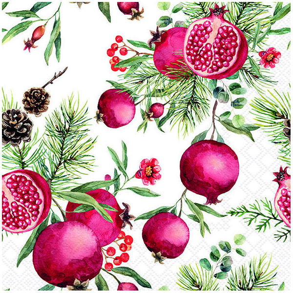 Weihnachten Servietten 33x33 cm 3-lagig 20 Stück Pomegranates white FSC Mix  Granatapfel Tannenzapfen weiß