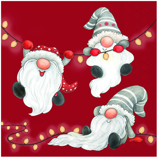 Weihnachten Servietten 33x33 cm 3-lagig 20 Stück Gnomes on the light chain red FSC Mix  Weihnachtsgnome Zwerge Wichtel Lichterkette rot