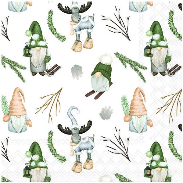 Weihnachten Servietten 33x33 cm 3-lagig 20 Stück Forest gnomes white FSC Mix  Waldzwerge Wichtel Elch & Gnom
