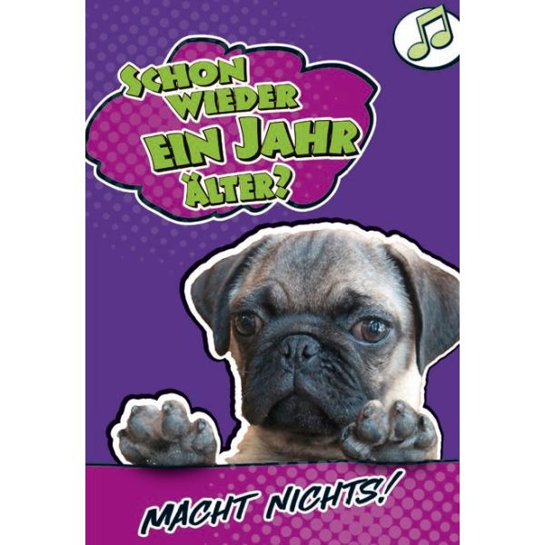 A Geburtstag Jukebox Soundkarte mit Umschlag „Schon wieder ein Jahr älter“ Hund