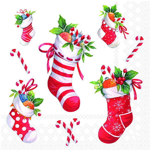 Weihnachten Servietten 33x33 cm 3-lagig 20 Stück X-Mas stockings white FSC Mix  Weihnachtsstiefel Zimtstange Nikolaus