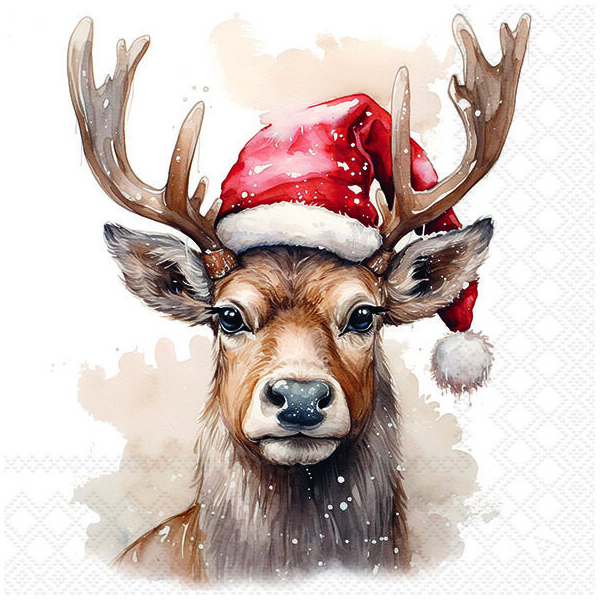 Weihnachten Servietten 33x33 cm 3-lagig 20 Stück Deer with Santa hat white FSC Mix  Hirsch mit Weihnachtsmütze