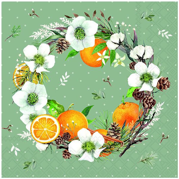 Weihnachten Servietten 33x33 cm 3-lagig 20 Stück Helleborus and oranges FSC Mix  Schneerose Kranz Orangen