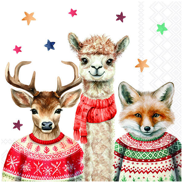 Weihnachten Servietten 33x33 cm 3-lagig 20 Stück Martin and friends FSC Mix  Lama Reh Fuchs Sterne Winterpullover