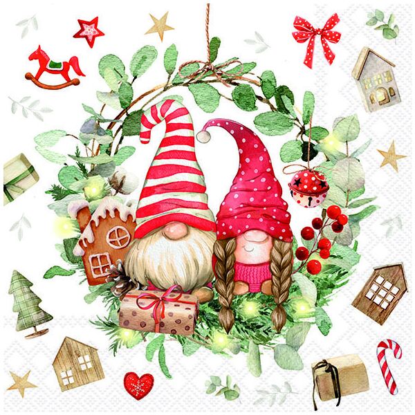 Weihnachten Servietten 33x33 cm 3-lagig 20 Stück Gnomes in wreath FSC Mix  Zwerge Gnome Wichtel Symbole