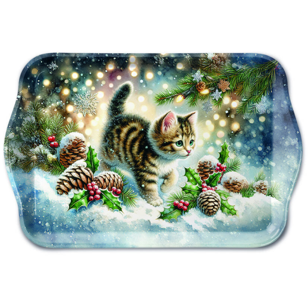 Weihnachten Tablett 13 x 21 cm Cute cat in the snow  Katze Schnee Tannenzapfen Ilex
