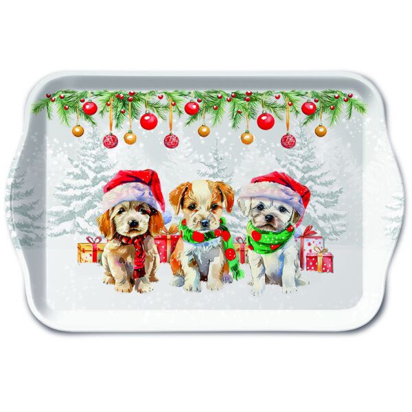 Weihnachten Tablett 13 x 21 cm Funny cute puppies  Hundewelpen Schnee Kugeln Geschenke