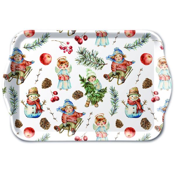 Weihnachten Tablett 13 x 21 cm Playing outside white  Engel Schlitten Kinder Weihnachtsbaum