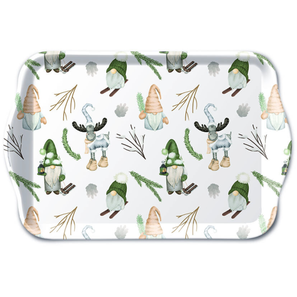 A-2026 Weihnachten Tablett 13 x 21 cm Forest gnomes white  Waldzwerge Wichtel Elch & Gnom