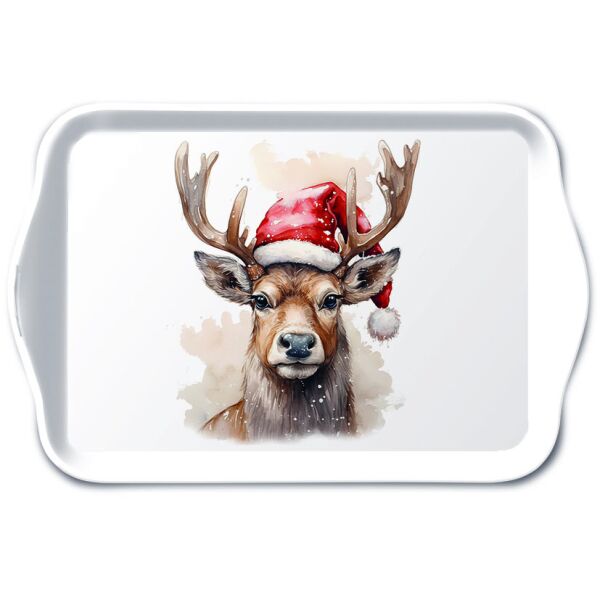 Weihnachten Tablett 13 x 21 cm Deer with Santa hat white  Hirsch mit Weihnachtsmütze