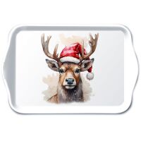 Weihnachten Tablett 13 x 21 cm Deer with Santa hat white...