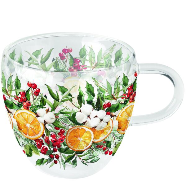 Weihnachten Doppelwandiger Glasbecher 0,2 l Winter oranges  Orangen Ilex Weihnachtskranz
