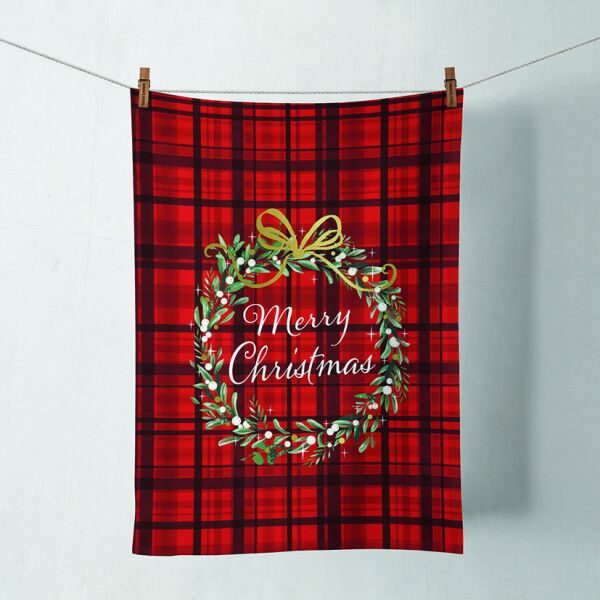 A Weihnachten Geschirrtuch 50 x 70 cm Christmas plaid red  Merry Christmas Kranz Karo