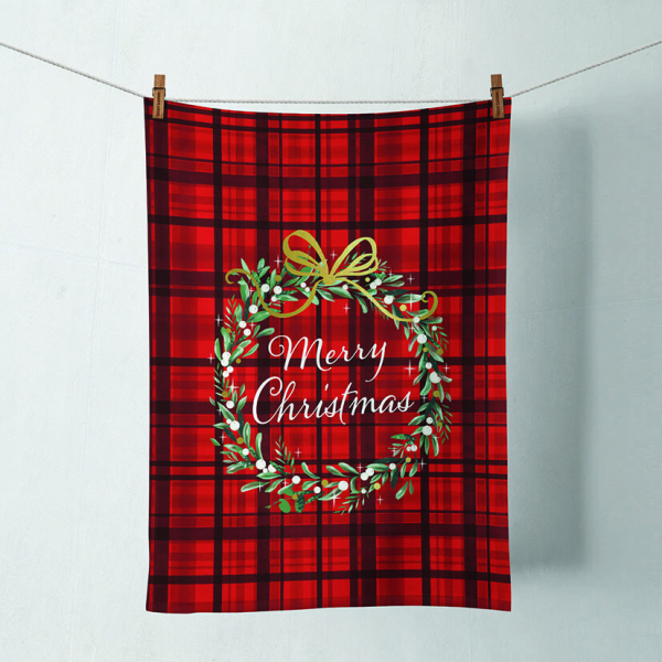 A Weihnachten Geschirrtuch 50 x 70 cm Christmas plaid red  Merry Christmas Kranz Karo