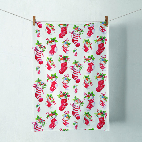 Weihnachten Geschirrtuch 50 x 70 cm X-Mas stockings white  Weihnachtsstiefel Zimtstange Nikolaus